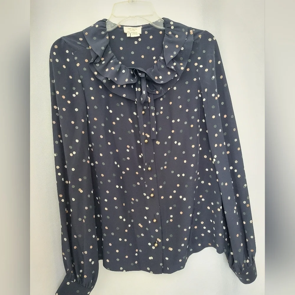 Kate Spade Lynette Navy Polka Dot Blouse with Ruffle Neck